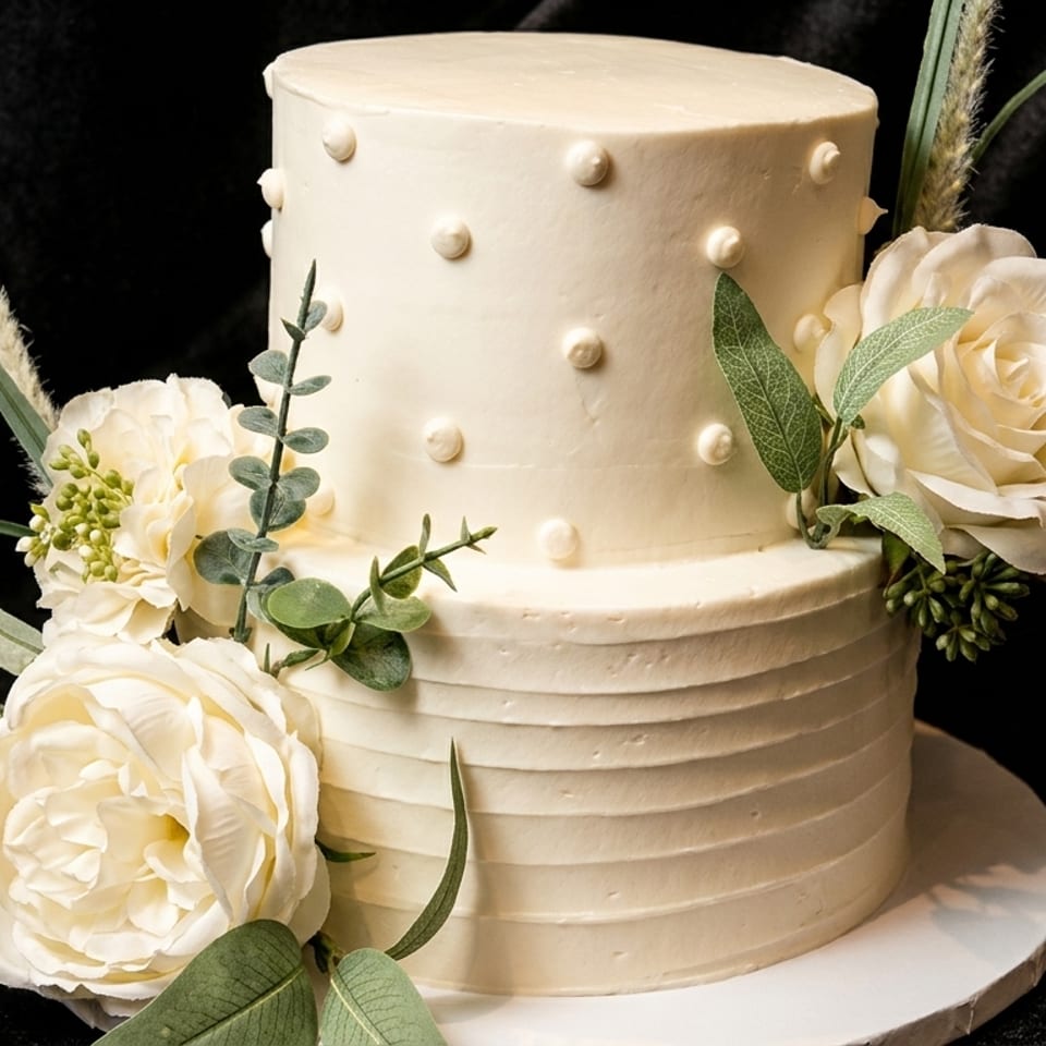 Two-tiered white cake with white roses, green leaves, and textured frosting on a dark background.