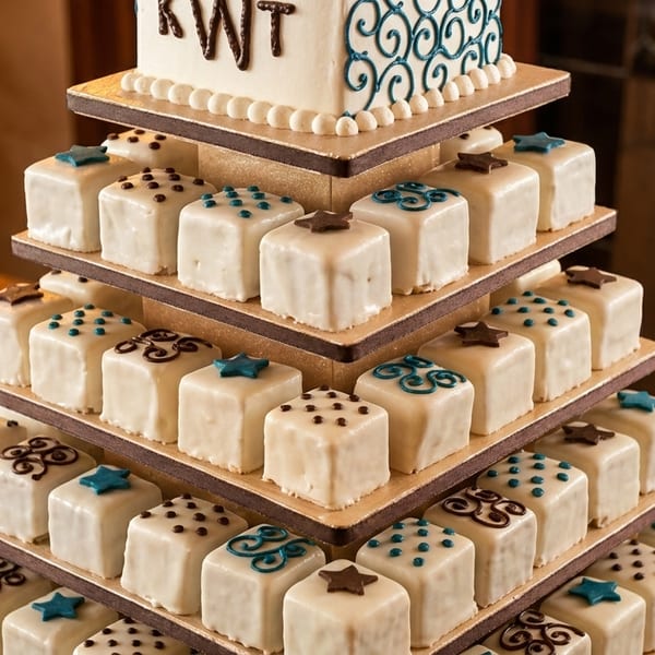 Tiered display of white-iced square mini cakes with stars, dots, and swirls, topped by a cake with KWT.