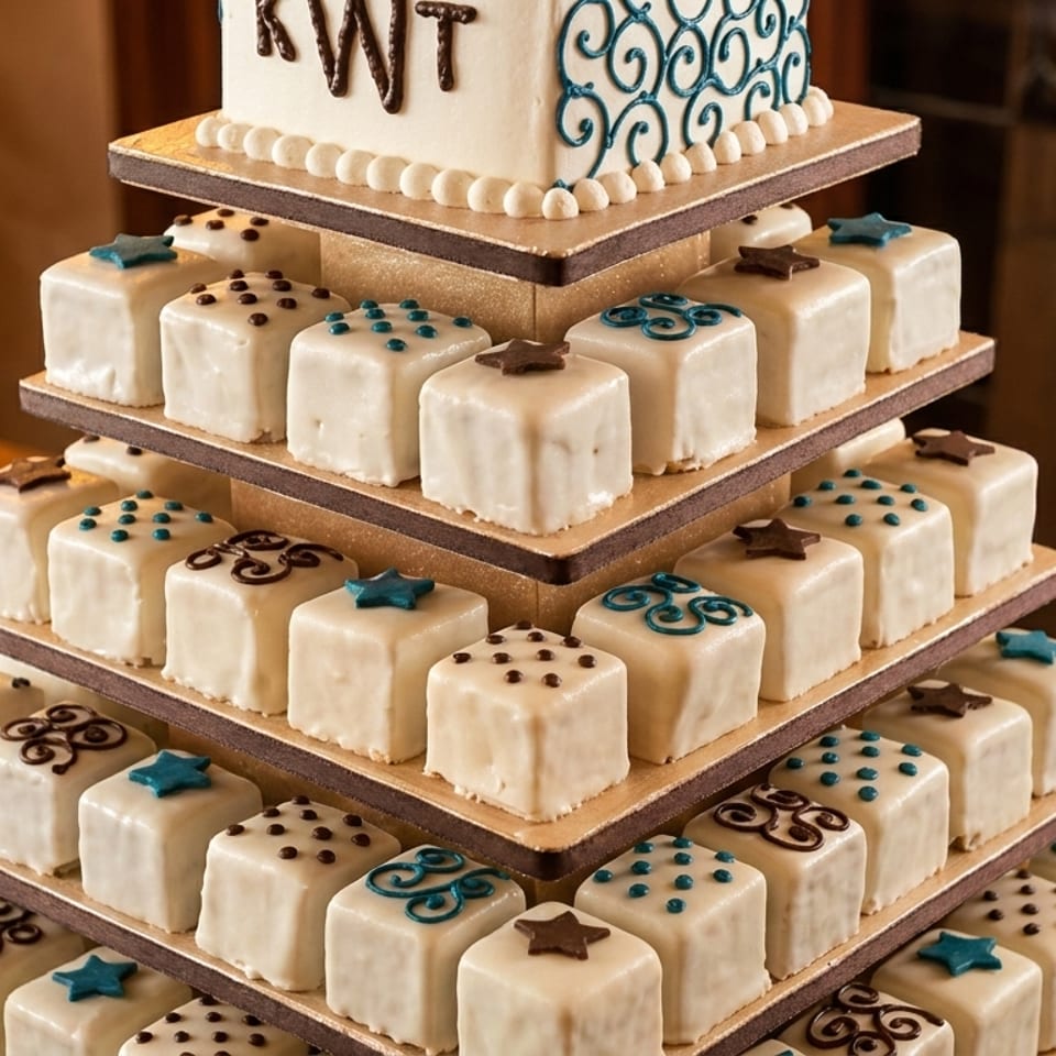 Tiered display of white-iced square mini cakes with stars, dots, and swirls, topped by a cake with KWT.